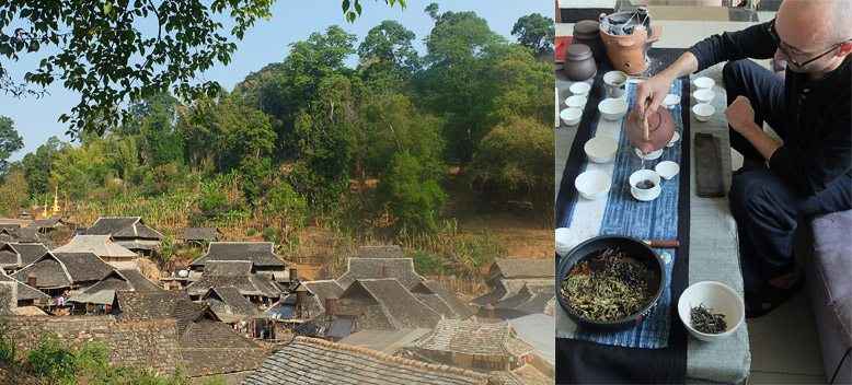 Village dans le Yunnan et Olivier Schneider préparant un pu'erh